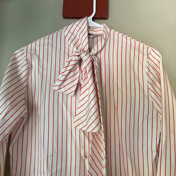 Vintage Le Soft Red & White Striped Button Down Tie Neck Top S - Picture 3 of 9
